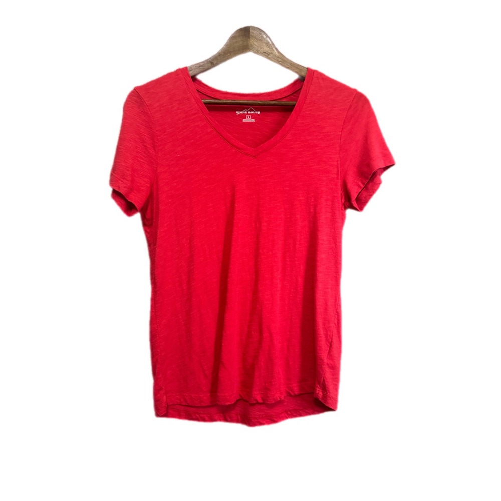 Eddie Bauer V-Neck Tee Women Small Red Excellent Slub Knit Short Sleeve Shirt